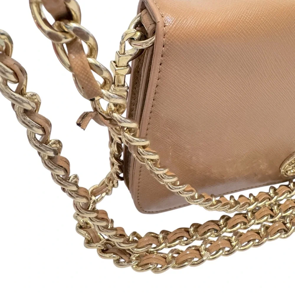 Tory Burch Sand Adalyn Clutch/Shoulder Bag in Patent Saffiano Leather Gold Chain